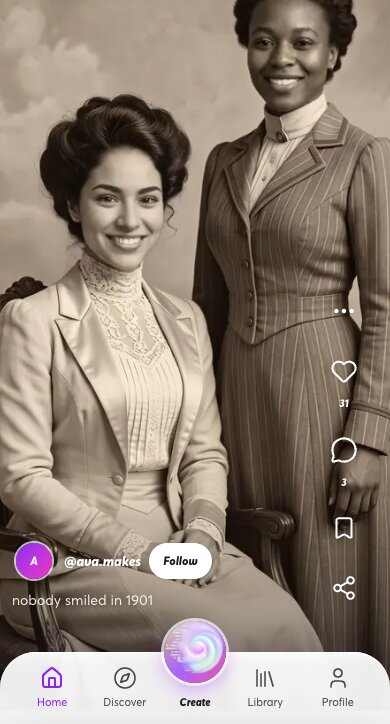 Vybe app — the same selfie re-imagined as a 1901-style portrait by the AI Photo Enhancer
